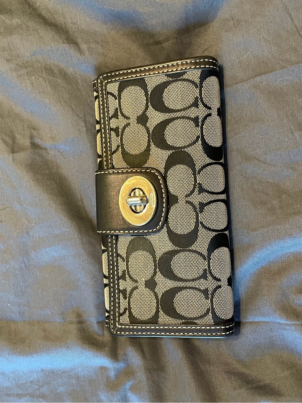 Coach Black and Gray Signature Turnlock Wallet